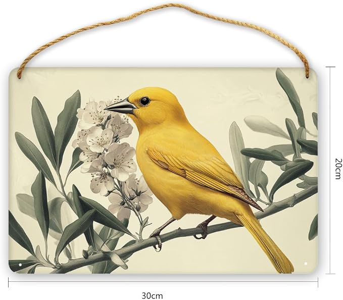 Artistic Retro Yellow Bird on Floral branches Wooden Wall Art, Botanical Home Decors for Vintage Lovers, 12x8 Inch Wood Sign to Add Charm to Your Study