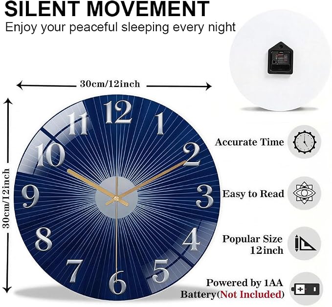 12 Inch Navy Sunburst Glass Wall Clock Silent Modern Art Decor | Silent glossy clock with deep blue sunburst and silver numbers, elegantly tracking time for your modern living room