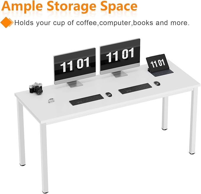 Need 63 Inch Large Computer Desk - Modern Simple Style Home Office Gaming Desk, Basic Writing Table for Study Student, Large Legroom, White Metal Frame, White