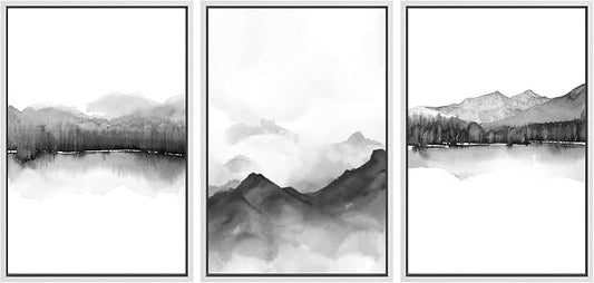 SIGNWIN Framed Canvas Print Wall Art Trio of Watercolor Mountain Ranges in Mist Abstract Wilderness Illustrations Art Minimalist Black & White for Living Room, Bedroom, Office - 16"x24"x3 White