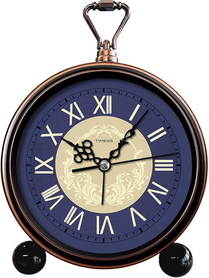 TIMESS Vintage Analog Alarm Clock, 4.3" Silent Non-Ticking Quartz Desk Clock with Roman Numerals, Battery Operated Table Clock for Bedroom, Living Room, Office, or Gift (Blue)
