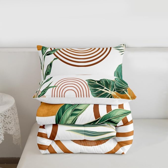 Erosebridal Mid Century Boho Bedding Set Full Simple Retro Tropical Palm Leaf Comforter Set for Kids Girls Women Orange Pink Sun Arch Minimalist Down Comforter Geometric Abstract Line Bed Set