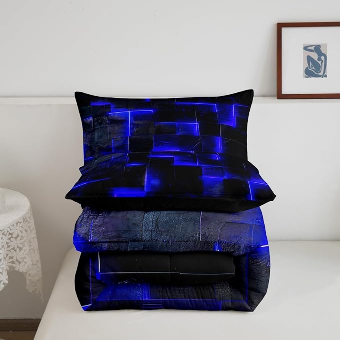 Black Navy Blue Abstract Comforter King Gradient Square King Bedding Set Grid Down Comforter Neon Checkered Bed Set Glowing Plaid Quilted Duvet 3D Modern Bedroom Decor 3pcs (Black Reversible)
