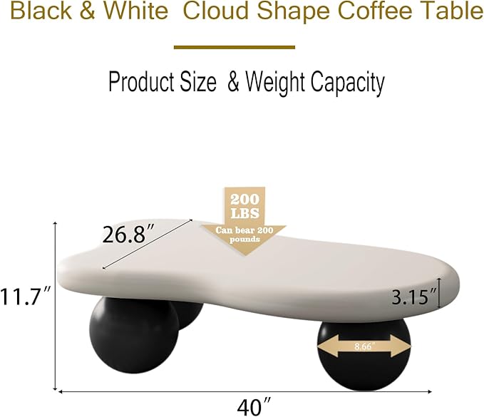 40" Modern Coffee Table Cloud Shape Low Center Table Cute Irregular Indoor Tea Table with 3 Ball Legs for Living Room Small Space