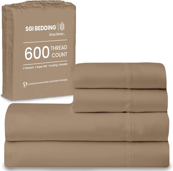 SGI bedding 100% Egyptian Cotton Sheets RV King Size – 600 Thread Count Sheets Set, Soft, Cooling, 15" Deep Pocket, Luxury Hotel Bedding, Breathable, Durable - Taupe