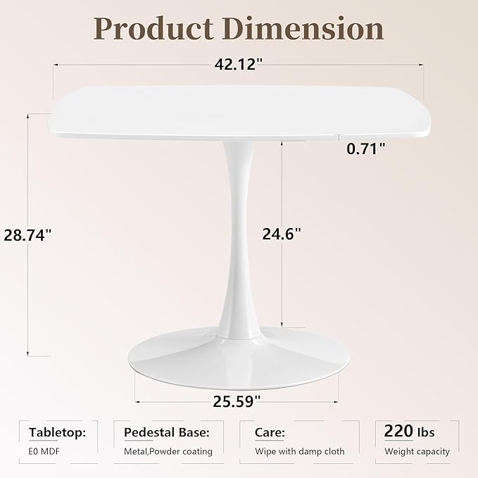 Square Dining Table,42.1" Tulip Table with Metal Pedestal,15-Minute Quick Assembly,Mid Century Modern Leisure Table for Kitchen Small Places Cafe (White)