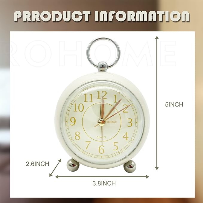 Rohome Vintage Small Alarm Clock with Night Light, Beige, Silent Quartz Movement, Non-Ticking, Decorative, for Bedside Table, Desk, Kitchen, Bedroom, Shelf, Nightstand, Wall Hanging (Beige)