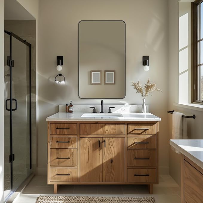 ANDY STAR 30”x48” Black Bathroom Mirror, Wall Mirror for Bathroom, Rounded Rectangle Mirror in Premium Stainless Steel Metal Frame Hangs Horizontal Or Vertical (Matte Black)
