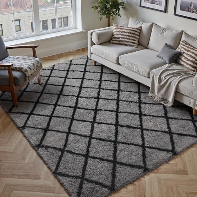5x8 Checkered Rug for Bedroom Grey and White Modern Soft Area Rug Fluffy Non-Slip Carpet for Living Room Playroom Home Aesthetic Decor