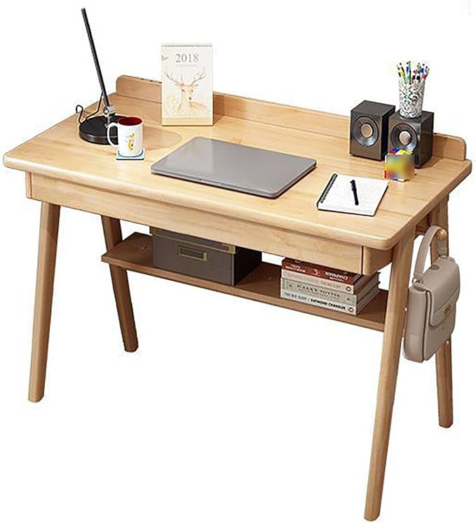 Solid Wood Writing Desk, Home Office Desk Workstation with Drawers and Hook, Mid-Century Modern Computer Work Study Table with Storage Shelf for Small Spaces(120x60x75cm(47x24x30inch), Wood)