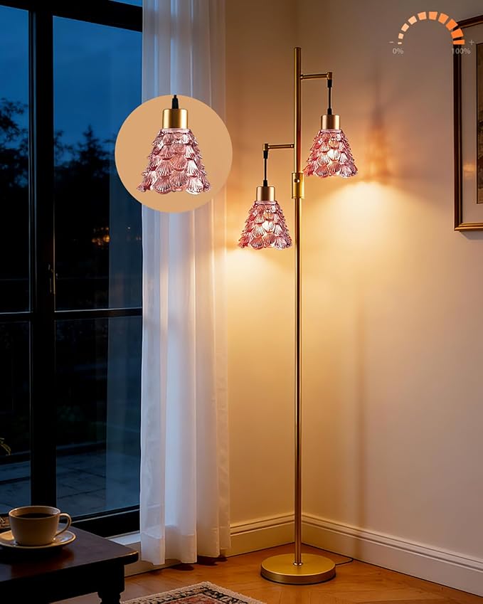 2-Light Modern Glass Floor Lamp, Gold Standing Tall Lamp with Deep Red Shell Glass Shade, Dimmable LED Floor Lamp with 5Lbs Heavy Base for Living Room Bedroom Home Decor, Bulb Included