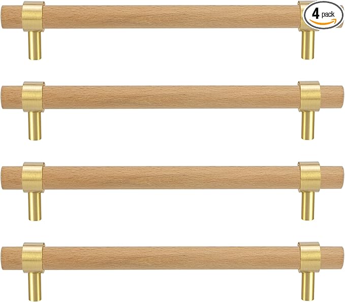 Natural Wood and Brass Kitchen Cabinet Handles 5~7.4 Inch Center to Center 4Set Adjustable 6Inch Double Hole Modern Dresser Pulls, 7Inch Unfinished DIY Drawer Knobs