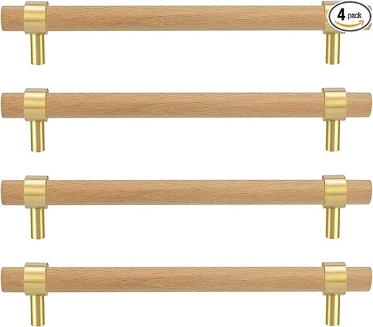 Natural Wood and Brass Kitchen Cabinet Handles 5~7.4 Inch Center to Center 4Set Adjustable 6Inch Double Hole Modern Dresser Pulls, 7Inch Unfinished DIY Drawer Knobs