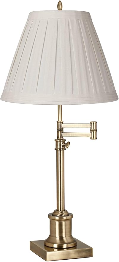 360 Lighting Westbury Swing Arm Desk Table Lamp Adjustable 36" Tall Antique Brass Box Pleated Creme Linen Empire Shade for Living Room Bedroom House Bedside Nightstand Home Office Reading