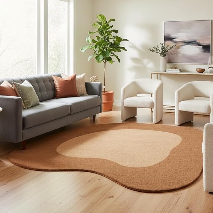Tan Brown Irregular Rug Washable Non Slip Irregular Shaped Area Rug for Bedroom Living Room Farmhouse Modern Abstract Unique Designer Rug Minimalist Boho Meetingroom Home Office Foldable Carpet 10ft