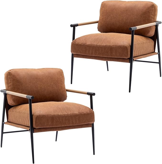 DUOMAY Mid-Century Modern Accent Chair Armchair Set of 2, Soft PU Leather Sofa Lounge Chair Reading Chair with Metal Leg for Living Room Bedroom Office, Brown