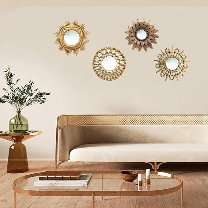 Gold Mirrors for Wall Pack of 1. Round Mirrors.12 Pointed Star Shape.Decorative Mirrors.Wall Mirrors for Decor Home Decor.Plastic Frames.Glass Mirrors.Sun Gold Color.