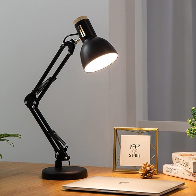 LED Desk Lamp Swing Arm Metal Table Lamp, Adjustable Architect Lamp for Home Bedroom Study Office, E27 Base Bulbs Not Included,Black