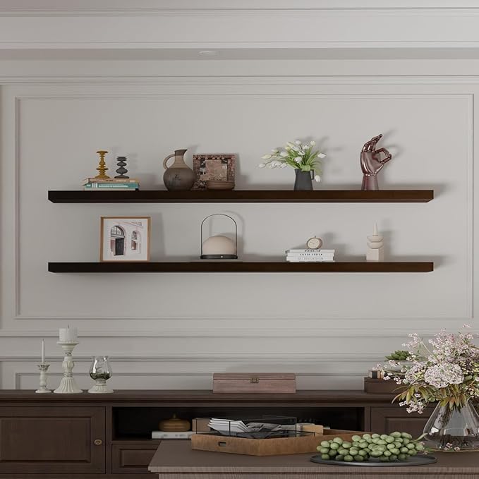 IEO Long Wooden Floating Shelves for Room Wall, Natural Wood Floating Shelves Wall Mounted Kitchen Shelf for Living Room, Bedroom, Kitchen,Bathroom, Storage (Walnut, 60in 2tier)