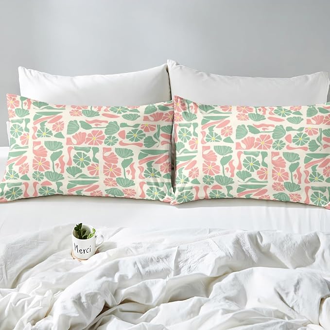 Erosebridal Retro Abstract Boho Floral Bedding Set Full Mid Century Modern Duvet Cover Pink Green Flower Patchwork Geometric Comforter Cover for Kids Adults,Vintage Retro Botanical Bed Set