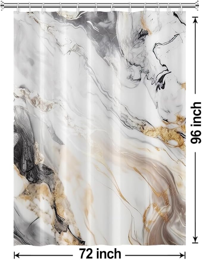 Grey and White Shower Curtain, Modern Grey Marble Shower Curtain for Bathroom Aesthetic Waterproof Shower Curtain Set with Hooks, 72x96 Inch