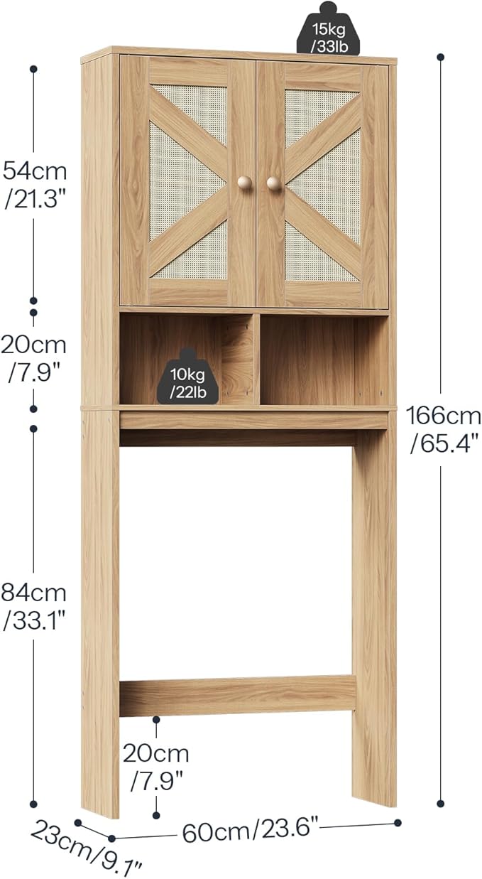 HOOBRO Over The Toilet Storage Cabinet with Rattan-Style Doors, Farmhouse Bathroom Over Toilet Organizer, Bathroom Storage Shelf, Adjustable Shelves, Laundry Room, Natural NL23TS01