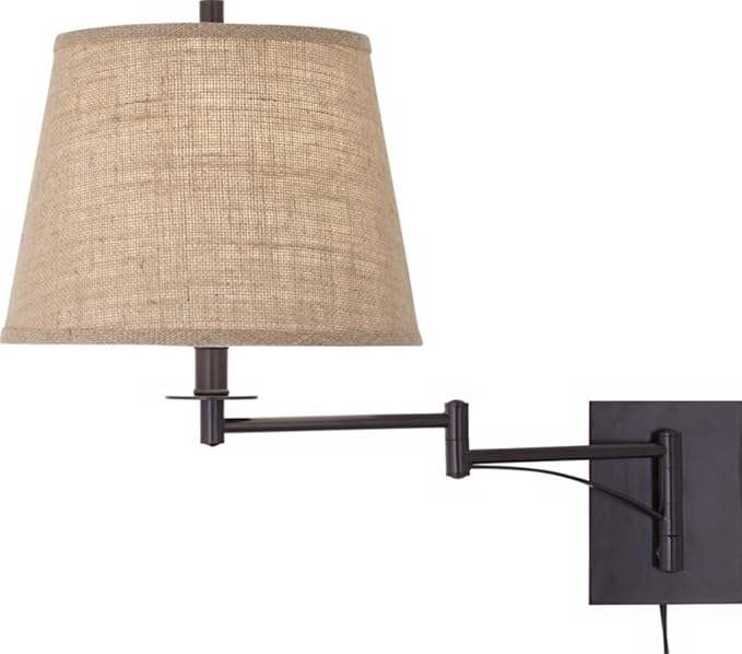 Franklin Iron Works Brinly Farmhouse Rustic Swing Arm Wall Lamp Matte Brown Metal Plug-in 12" Fixture Burlap Hardback Drum Shade for Cottage Core Bedroom Bedside Living Room Hallway Dining House