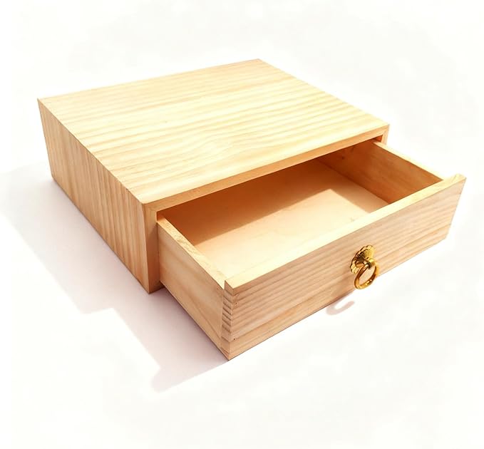 Natural Wooden Storage Box Desk Drawer Single Wood Cabinet Organizer Drawer Tabletop Storage Organization Box with Metal Handle for Desk Home Office Counter Craft Decor (1 Drawer)