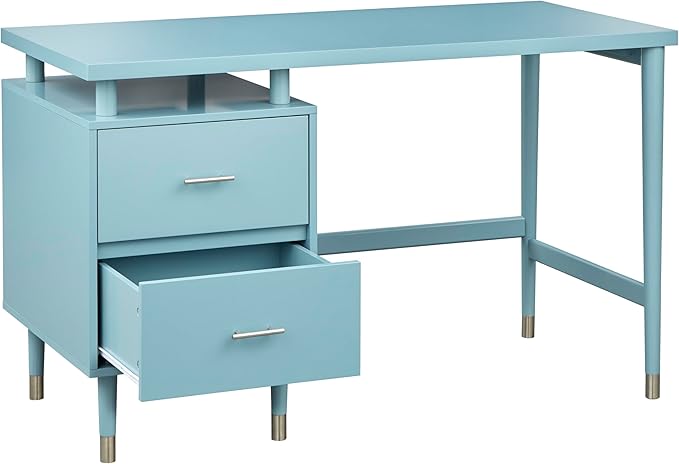Margo 50" Wide Mid-Century Modern Wood Desk with Drawers, Stylish Elevated Top Design, Solid Pine Wood Tapered Legs, Computer Desk for Home Office & Study, Blue