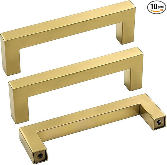 goldenwarm 10 Pack Brushed Brass Cabinet Pulls 3-1/2in Drawer Pulls - LSJ12GD90 Gold Kitchen Cabinet Handles for Cupboard Bathroom Square Gold Dresser Hardware Door Pull Handles
