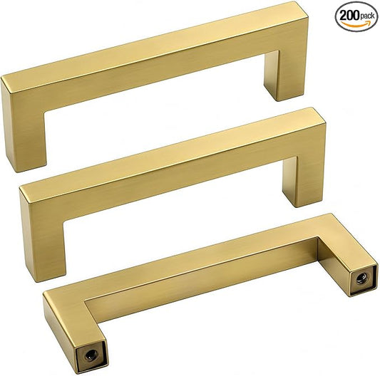goldenwarm Gold Cabinet Pulls Kitchen Cabinet Door Handle Brushed Brass Drawer Pulls 3.5 Inch Hole Center Modern Square Cupboard Handles Hardware Dresser Knobs 200 Pack