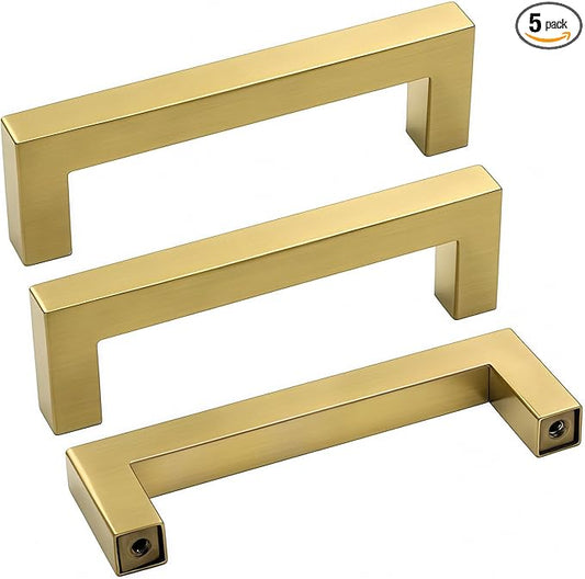 goldenwarm Satin Gold Modern Kitchen Cabinet Hardware Handle Pull - LSJ12GD90 Pack of 5 Gold Drawer Handles 3-1/2 Inch Hole Center Square Bathroom Dresser Handles