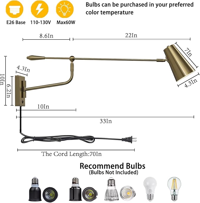 Rotatable Activity Adjustable Direction Swing Arm Wall Lamp, Dual Power Modes Plug-in/Hardwired, Indoor Large Gold Wall Mounted Lights for Bedroom Living Room Dining Room, E26 Bulb