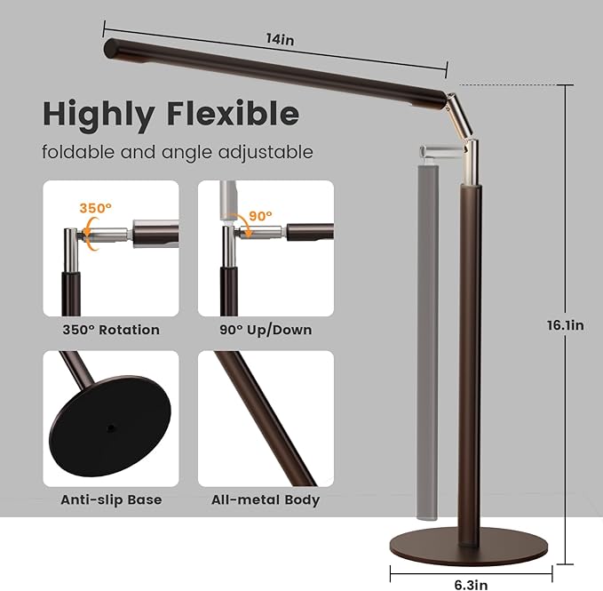 SIBRILLE Brown LED Desk Lamp, 16" Dimmable Metal Desk Light with Base, 15W 1200LM, Adapter Included, Color & Brightness Adjustable, Modern Tall Table Lamp for Home Office Reading Study Task Laptop