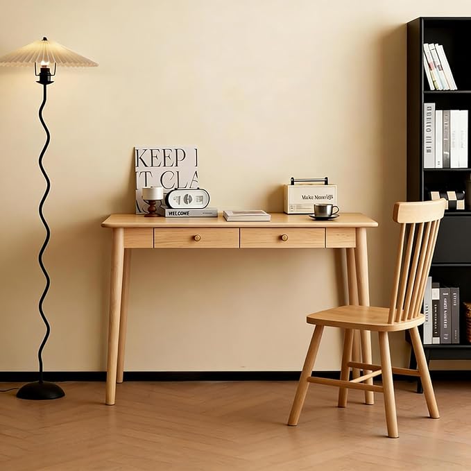 Mid Century Modern Desk, Wood Home Office Computer Desk with 2-Drawers, Vintage Writing Desk Workstation for Study, Bedroom(31.4 inch, Natural)
