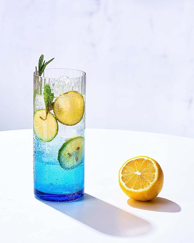 Colored Ribbed Highball Glasses Set of 4, Vintage Iced Tea Glassware, Tall Collins Glasses for Mojitos, Water, or Cocktails, Lightweight Lead-Free Crystal Drinkware (Style 2)