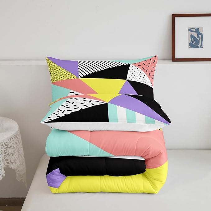 Manfei Memphis Comforter Set Twin Size, Geometric Triangle Pattern Quilt Set with 1 Pillowcase, Retro 80s 90s Fashion Style Bedding Set 2pcs for Kids Boys Girls Lightweight Duvet Insert