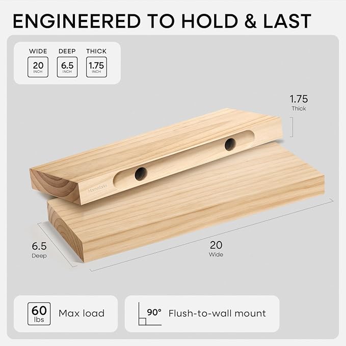 Homeforia 20 inch Natural Floating Shelf, High End Solid Real Wood 20inch Small Floating Shelves for Wall Mounted, Natural Wooden Floating Shelves, Heavy Duty Bracket, 20 X 6.5 X 1.75 in, Set of 4
