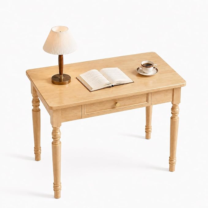 Walnut Writing Desks with Drawers, 47" Solid Wood French Country Style Computer Desk for Home Office, Living Room Study Workspace or Bedroom, Traditional Vanity Dressing Table