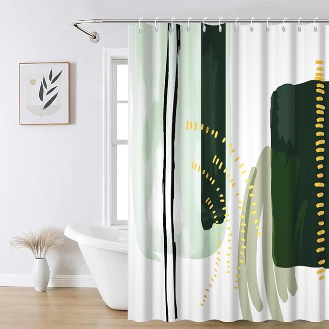 Abstract Geometric Shower Curtain for Bathroom Modern Minimalist Neutral Bathroom Decor Set Green Chic Boho Bathtub Curtain for Hotel Machine Washable Waterproof Polyester Fabric with Hooks 72x84 Inch