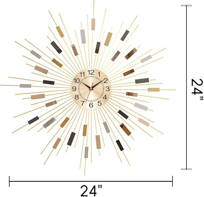 Starburst Round Wall Clock Decor 24" Silent Battery Operated, Mid Century Modern Metal Decorative Wall Clock for Living Room Bedroom Office