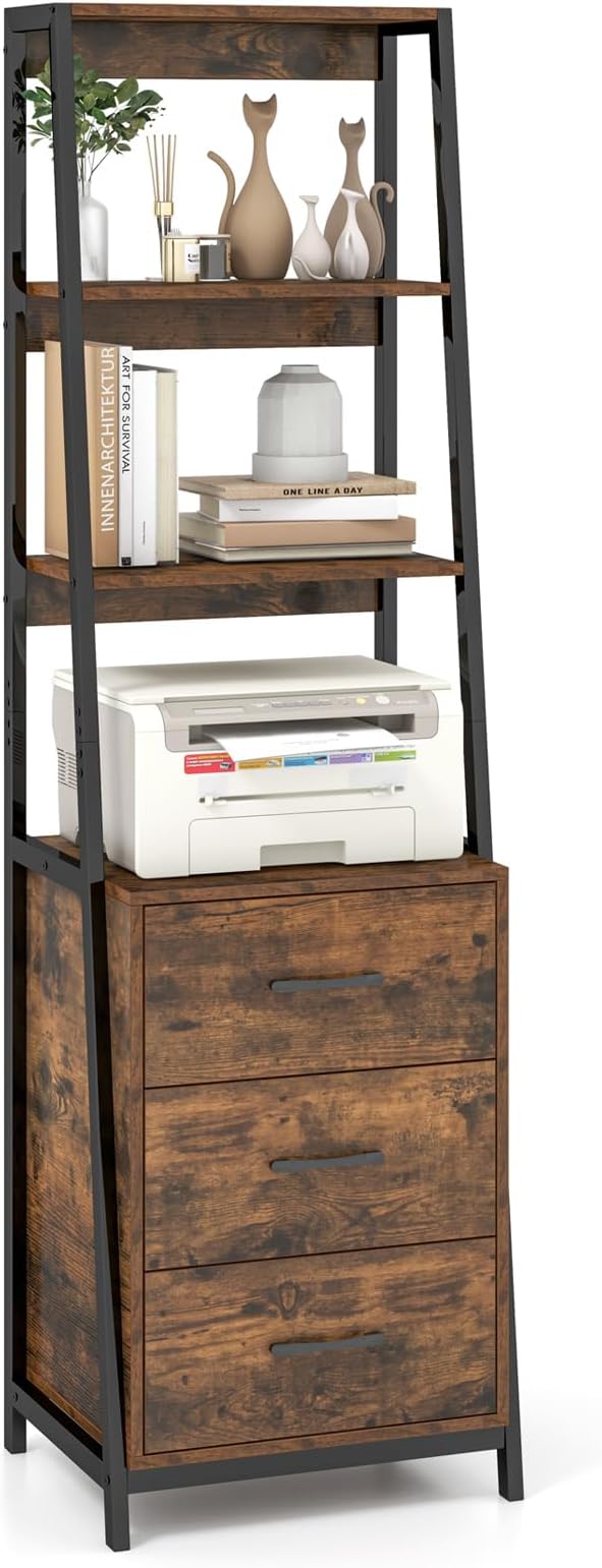 Giantex Ladder Bookshelf with Drawers, 69" Tall Wooden Bookcase with 4 Shelves, Modern Book Shelf Storage Organizer Unit, Freestanding Display Shelving Rack for Living Room, Bedroom (Rustic Brown)