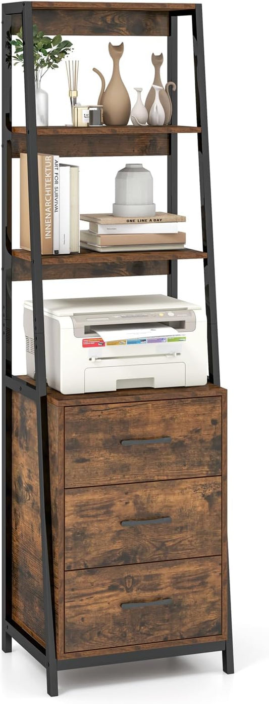 Giantex Ladder Bookshelf with Drawers, 69" Tall Wooden Bookcase with 4 Shelves, Modern Book Shelf Storage Organizer Unit, Freestanding Display Shelving Rack for Living Room, Bedroom (Rustic Brown)