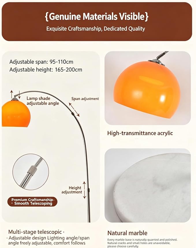 Orange Floor Lamp, Mid Century Modern Standing Lamp with Orange Glass Shade White Marble Base LED Floor Lamp for Living Room Bedroom Office Decor US Plug E27 Bulb Included (Acrylic)