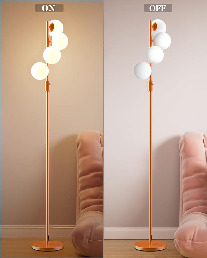 Lightdot 64IN Dimmable Globe Floor Lamp, Orange Pole Standing Lamps with 4PCS 3000K Bulbs Included Soft Warm White Eye Care, Mid Century Modern Floor Lamp for Living Room/Sofa Beside/Corner Decor