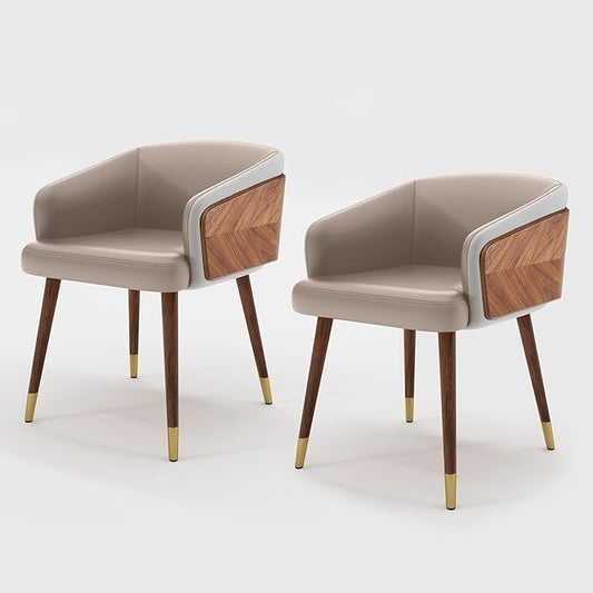 ARTPLAN Modern Upholsted Accent Dining Chairs Set of 2,Mid-Century Faux Leather with Walnut for Kitchen,Office Waiting Room Arm Sitting Chair, Beech Legs Dissassembly Adjustable Feet,Apricot