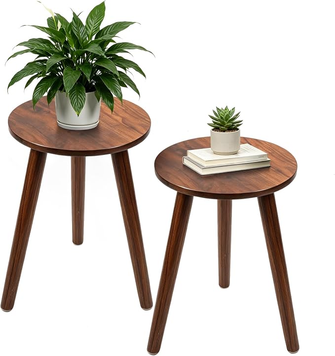2-Pack Mid Century Plant Stand for Indoor Plants, Modern Wood Flower Pot Holder Stand for Living Room, Decorative Small Round Side Table for Balcony, Patio, Office, 16.5” High, Walnut
