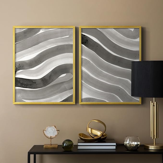 Renditions Gallery Set of 2 Peel & Stick Framed Prints, Watercolor Abstract Wall Art, Black and White Bold Brushstrokes Wall Decor, Re-Stickable - Ready to Hang - 16"x20" - GOLD Frame LT588