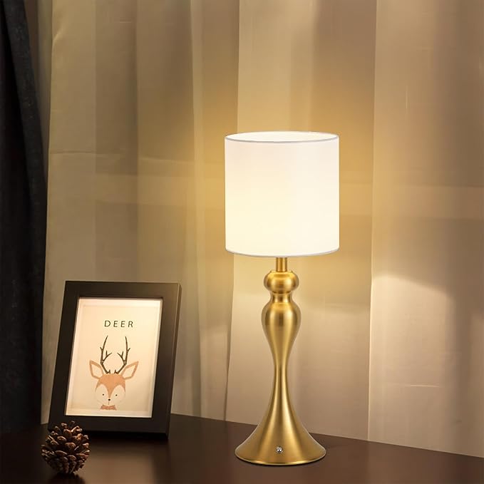 Table Lamp for Bedroom, Cordless Bedside Lamps for Living Room, Touch 3-Way Dimmable Desk Lamp for Night Stands, Rechargeable, Battery Operated Lamp with Fabric Shade for Dorm, Home Office (Brass)