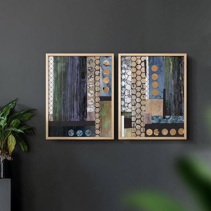 Renditions Gallery Set of 2 Peel & Stick Framed Prints, Geometric Abstract Wall Art, Hexagonal and Circular Pattern Wall Decor, Re-Stickable - Ready to Hang - 16"x20" - NATURAL WOOD Frame LT588